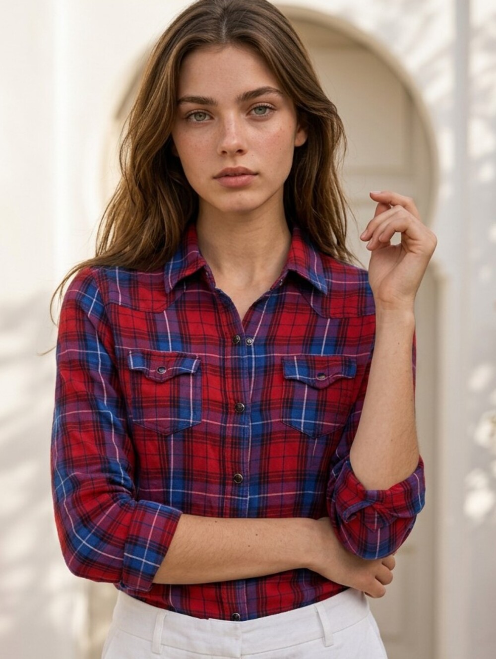 Fun & Flirt Red Plaid Western Snap Cotton Shirt Roll Snap Long Sleeves Small Top